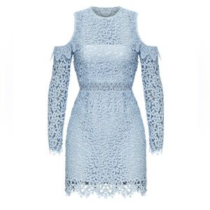 AMUR Evelyn Blue Lace Open Shoulder Mini Dress